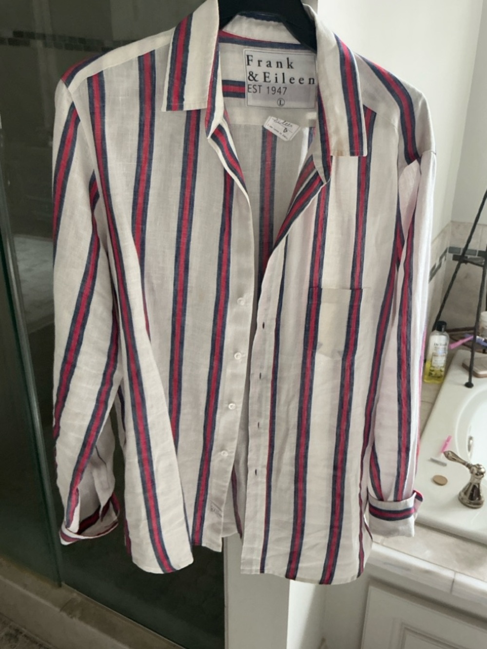 Frank & Eileen Women’s White Shirt with Red and Blue Vertical Stripes